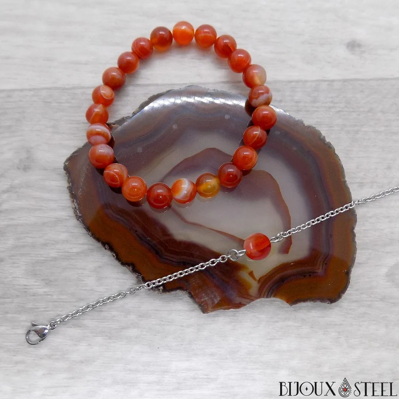 Bracelet à perle d'agate rouge en acier inoxydable