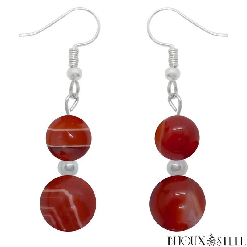 Boucles d'oreilles pendantes doubles perles d'agate rouge