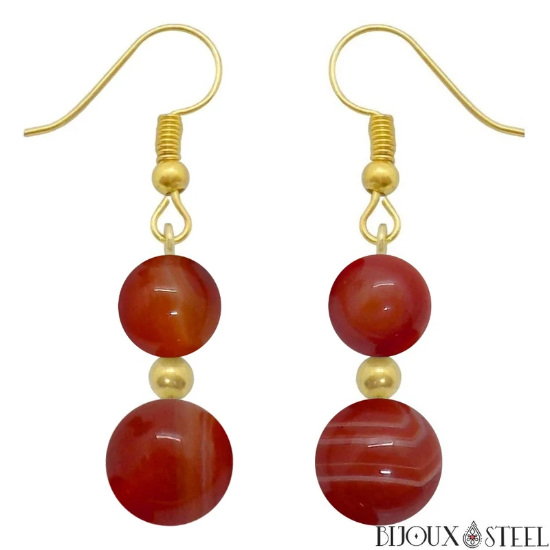 Boucles d'oreilles pendantes doubles perles d'agate rouge