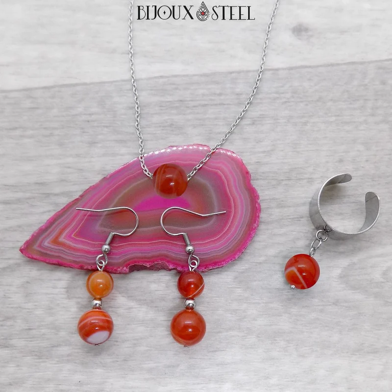 Boucles d'oreilles pendantes doubles perles d'agate rouge