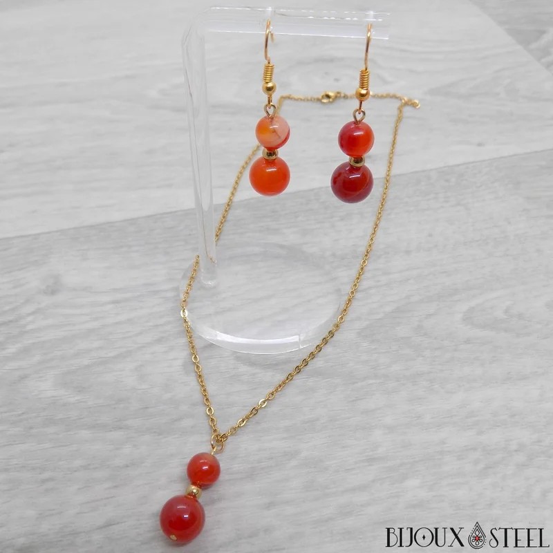 Boucles d'oreilles pendantes doubles perles d'agate rouge