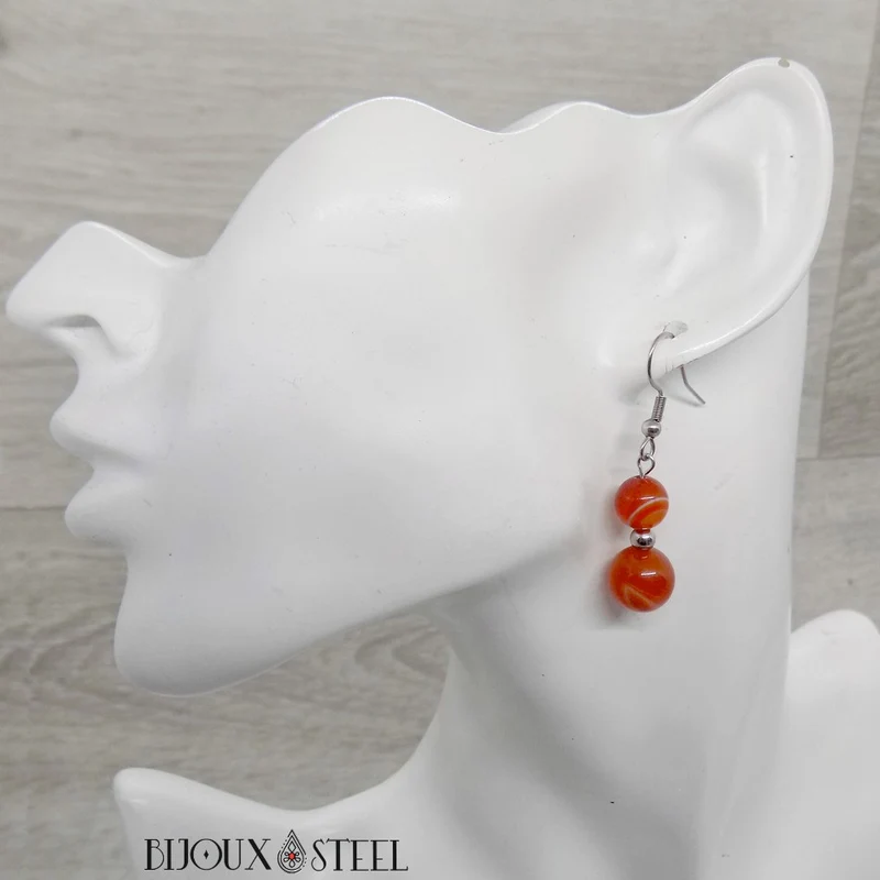 Boucles d'oreilles pendantes doubles perles d'agate rouge