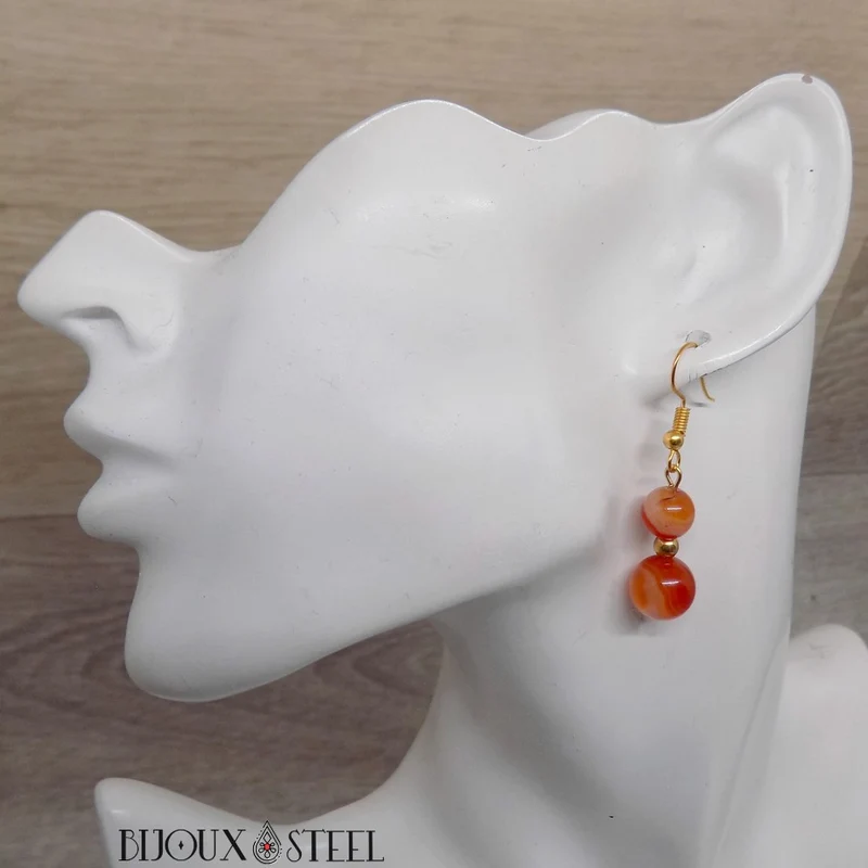 Boucles d'oreilles pendantes doubles perles d'agate rouge