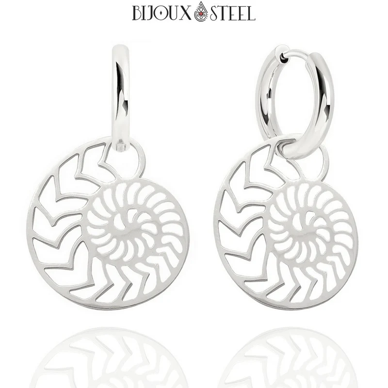 Boucles d'oreilles anneaux à ammonites pendantes en acier inoxydable