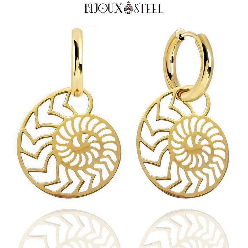 Boucles d'oreilles anneaux à ammonites pendantes en acier inoxydable