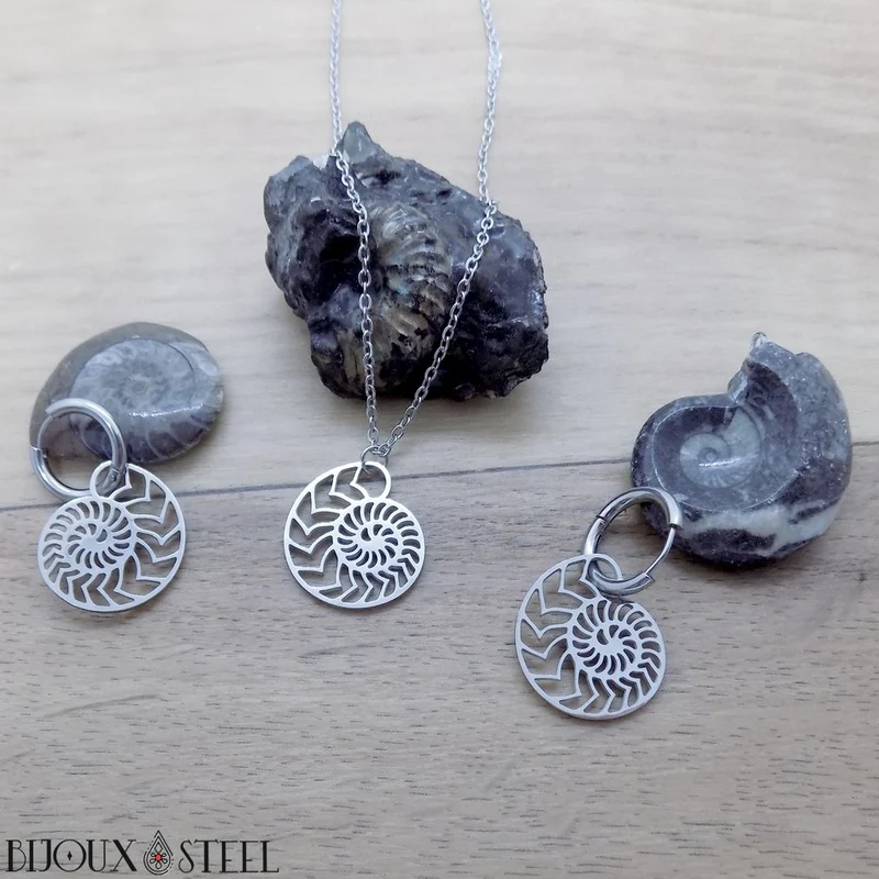 Boucles d'oreilles anneaux à ammonites pendantes en acier inoxydable