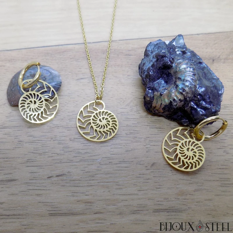 Boucles d'oreilles anneaux à ammonites pendantes en acier inoxydable