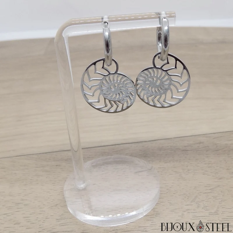 Boucles d'oreilles anneaux à ammonites pendantes en acier inoxydable