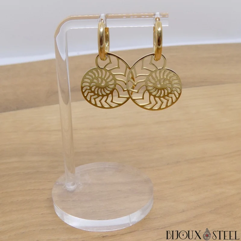 Boucles d'oreilles anneaux à ammonites pendantes en acier inoxydable