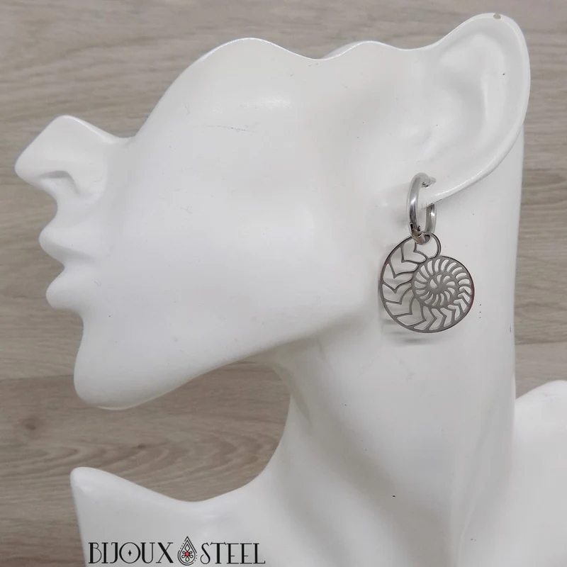 Boucles d'oreilles anneaux à ammonites pendantes en acier inoxydable