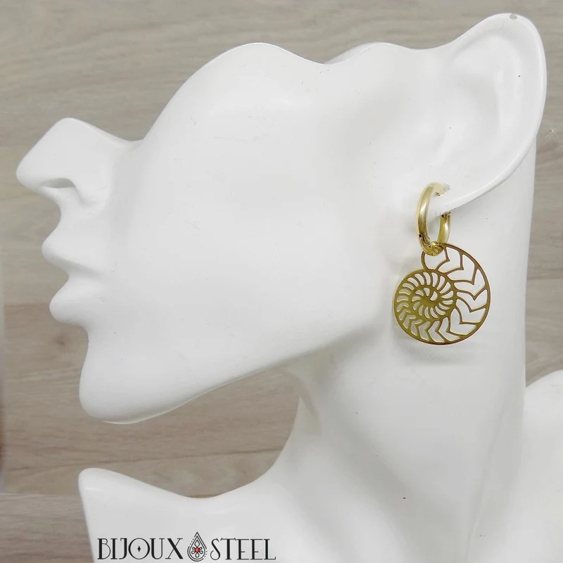 Boucles d'oreilles anneaux à ammonites pendantes en acier inoxydable