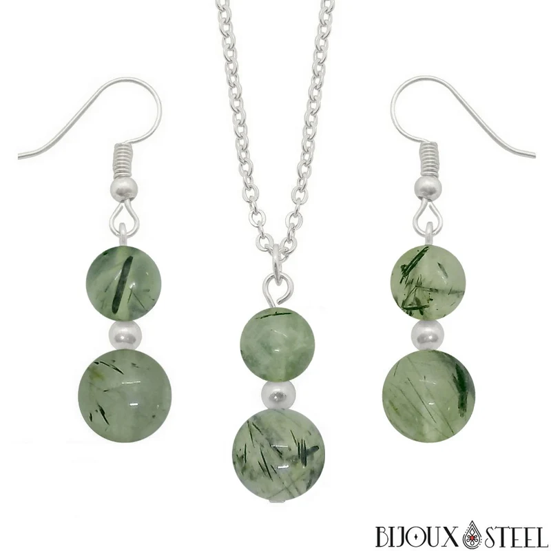 Parure prehnite en pierre naturelle et acier inoxydable