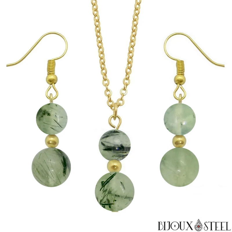 Parure prehnite en pierre naturelle et acier inoxydable