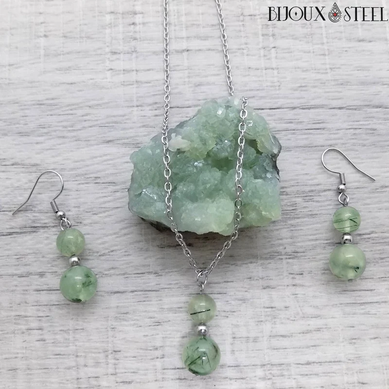 Parure prehnite en pierre naturelle et acier inoxydable