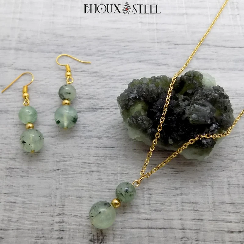 Parure prehnite en pierre naturelle et acier inoxydable