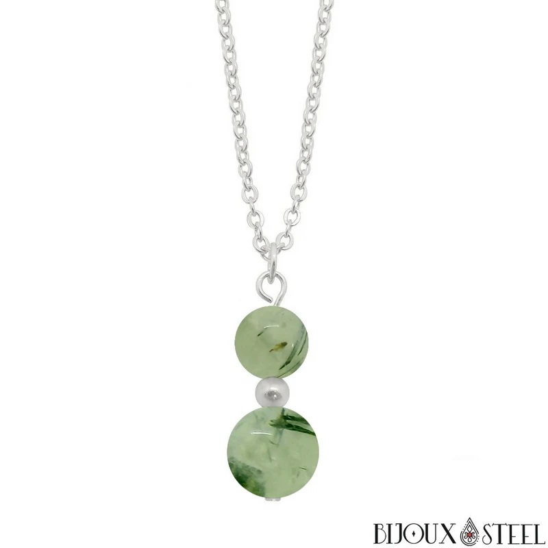 Collier à pendentif deux perles en pierre de prehnite