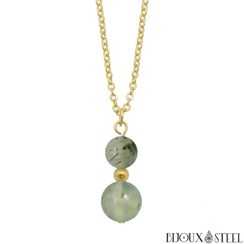 Collier à pendentif deux perles en pierre de prehnite