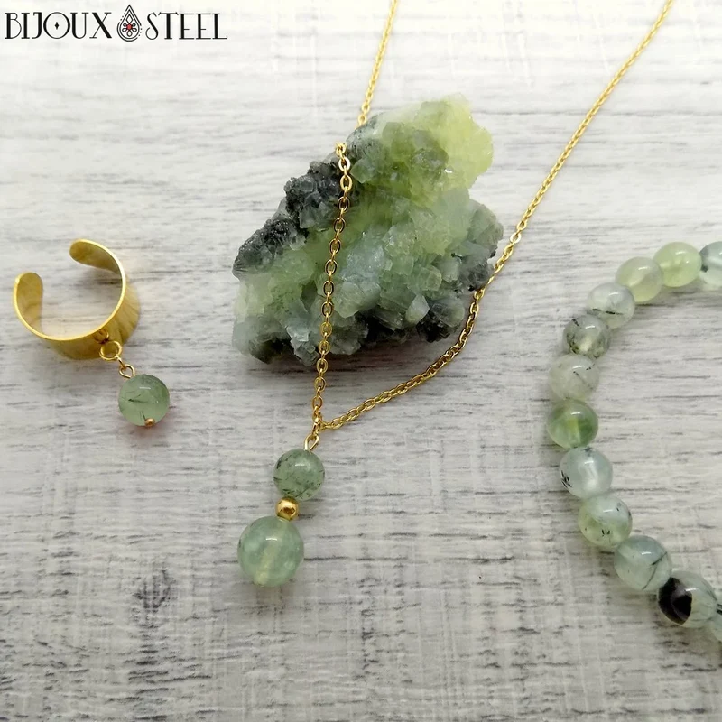 Collier à pendentif deux perles en pierre de prehnite