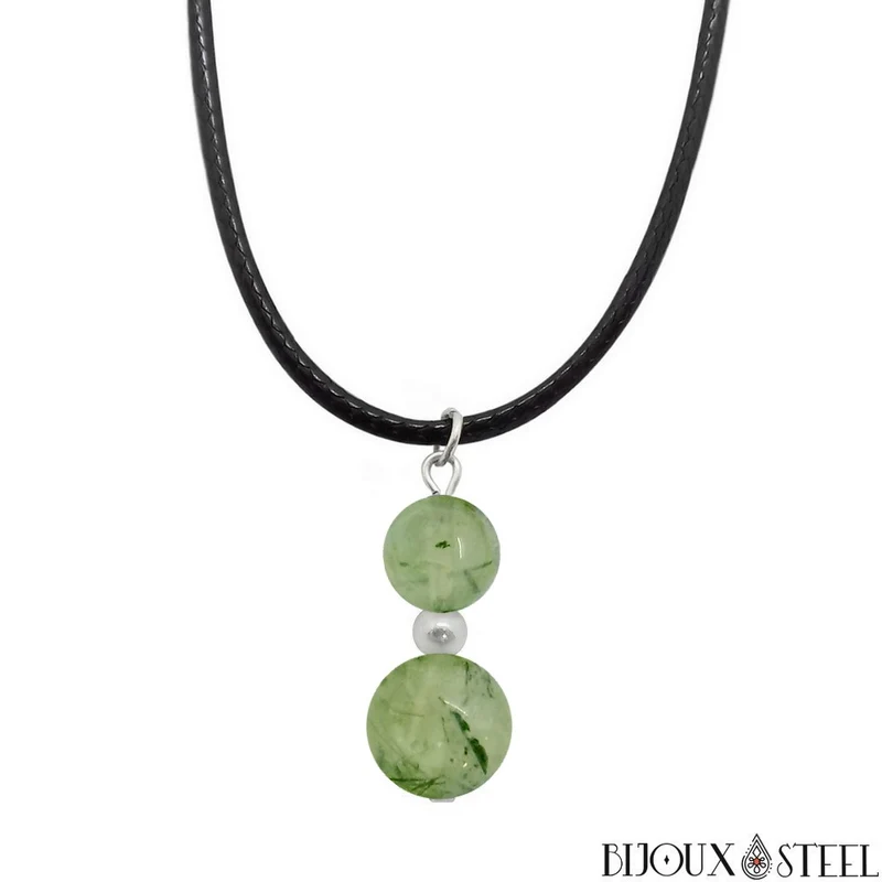 Collier à pendentif deux perles en pierre de prehnite