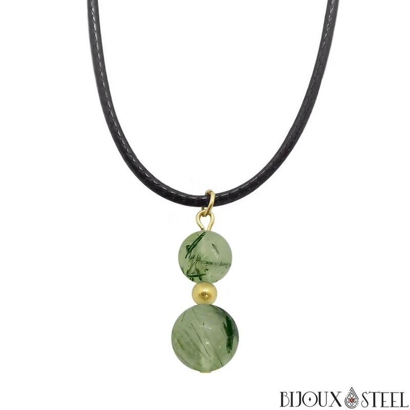 Collier à pendentif deux perles en pierre de prehnite