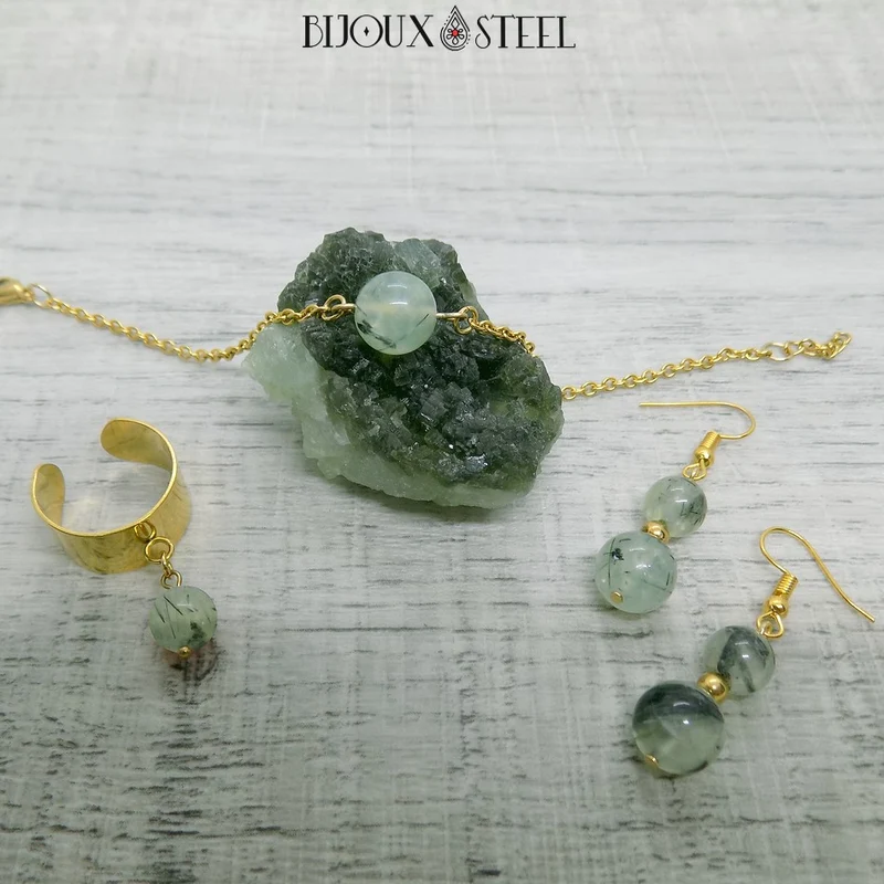 Bracelet à perle de prehnite en acier inoxydable