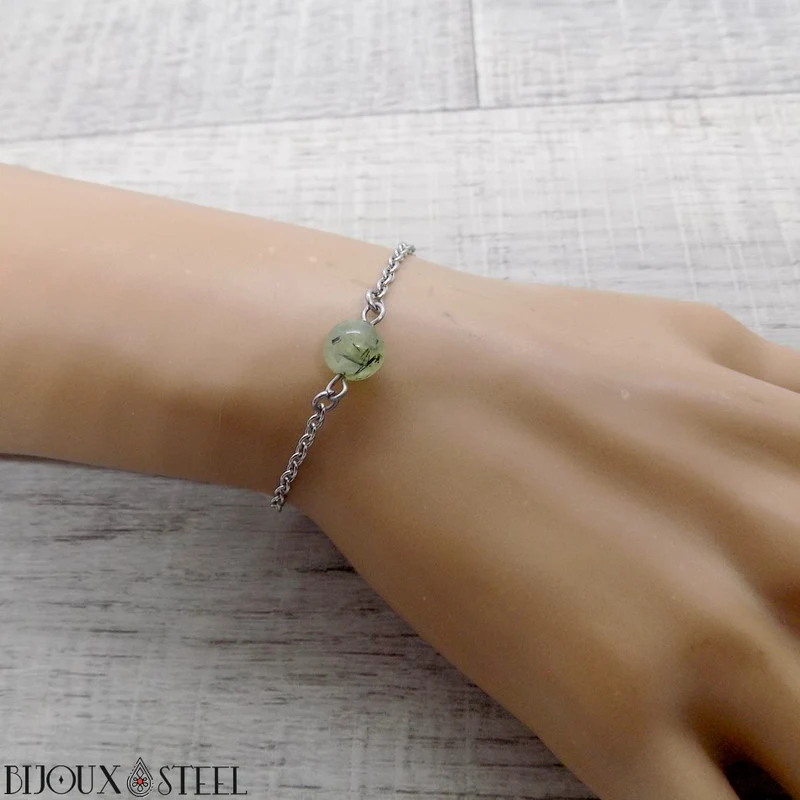 Bracelet à perle de prehnite en acier inoxydable