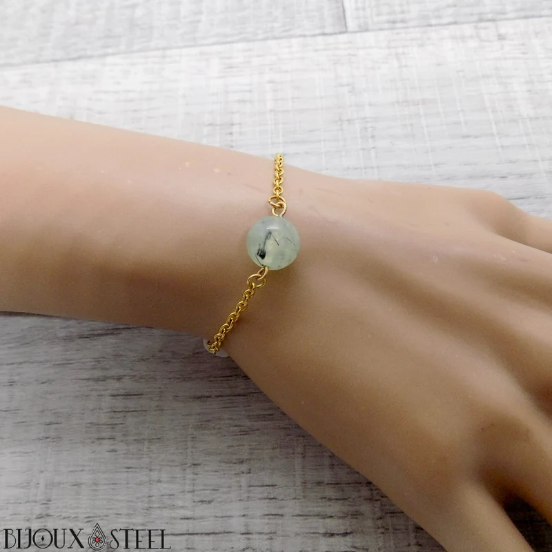 Bracelet à perle de prehnite en acier inoxydable