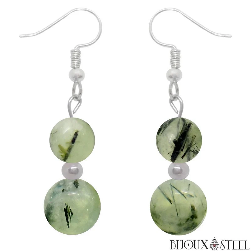 Boucles d'oreilles pendantes doubles perles de prehnite