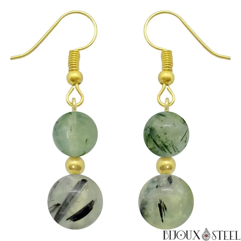 Boucles d'oreilles pendantes doubles perles de prehnite