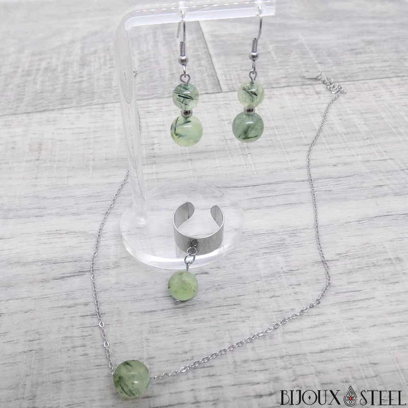 Boucles d'oreilles pendantes doubles perles de prehnite