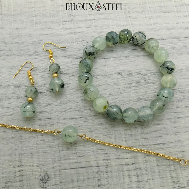 Boucles d'oreilles pendantes doubles perles de prehnite