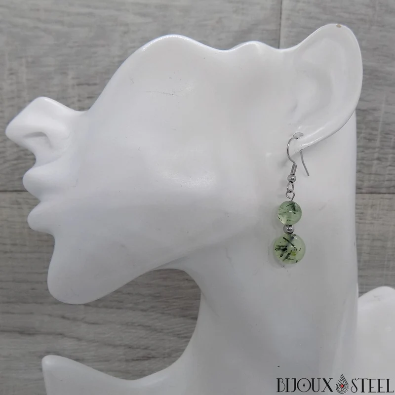 Boucles d'oreilles pendantes doubles perles de prehnite