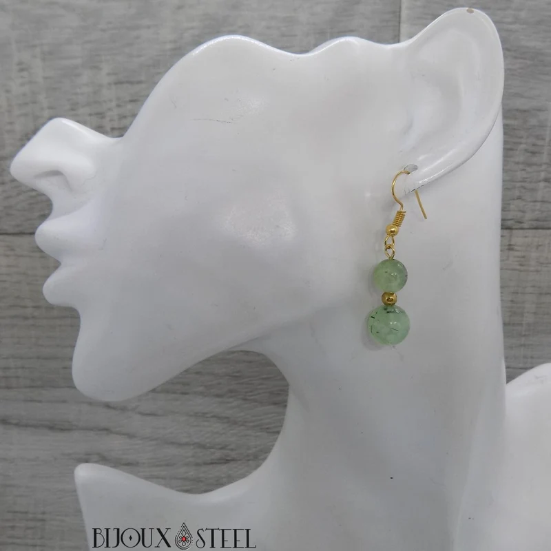 Boucles d'oreilles pendantes doubles perles de prehnite
