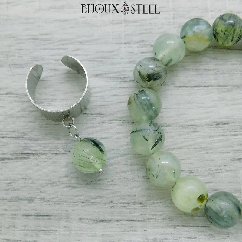 Bague large ajustable à perle de prehnite