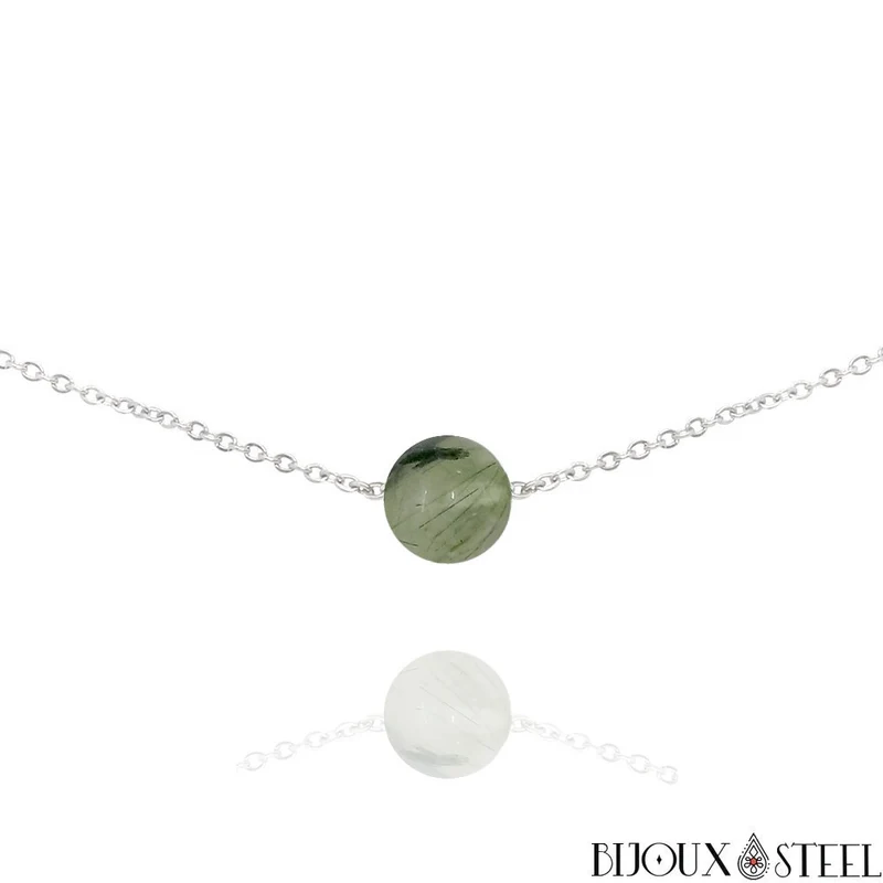 Collier à perle de prehnite en acier inoxydable