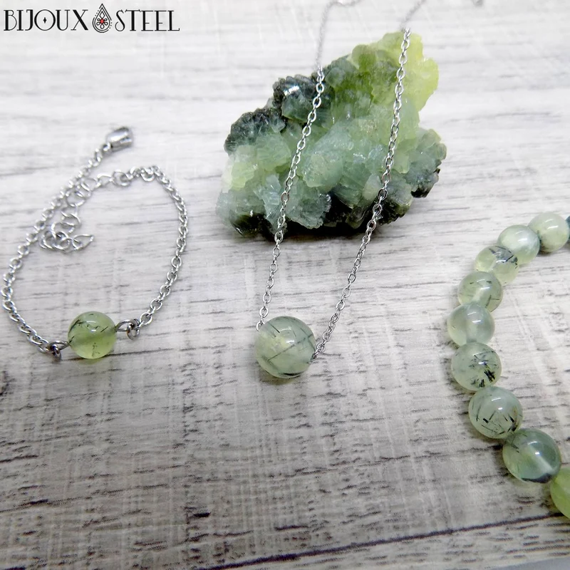 Collier à perle de prehnite en acier inoxydable