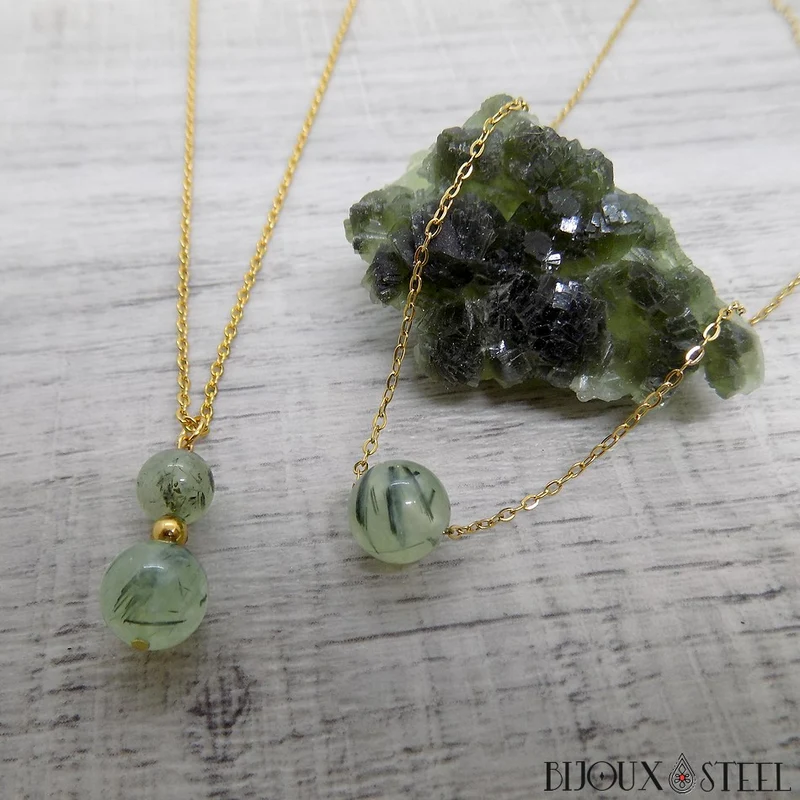 Collier à perle de prehnite en acier inoxydable