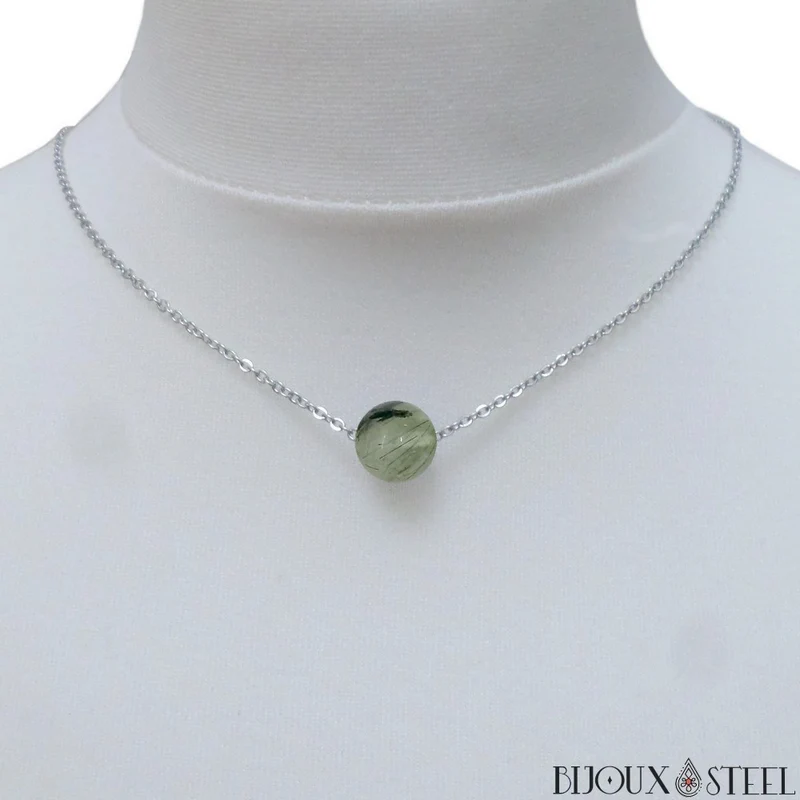 Collier à perle de prehnite en acier inoxydable