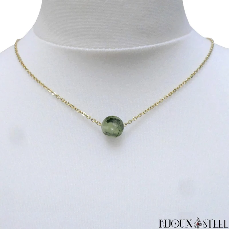 Collier à perle de prehnite en acier inoxydable