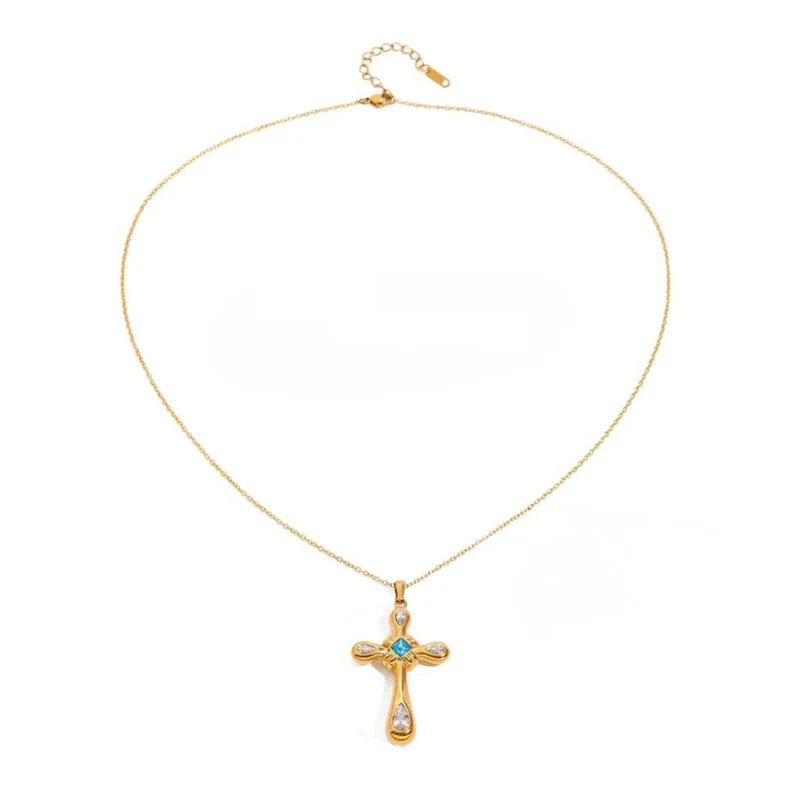 Collier Croix Dorée Pierre Bleue