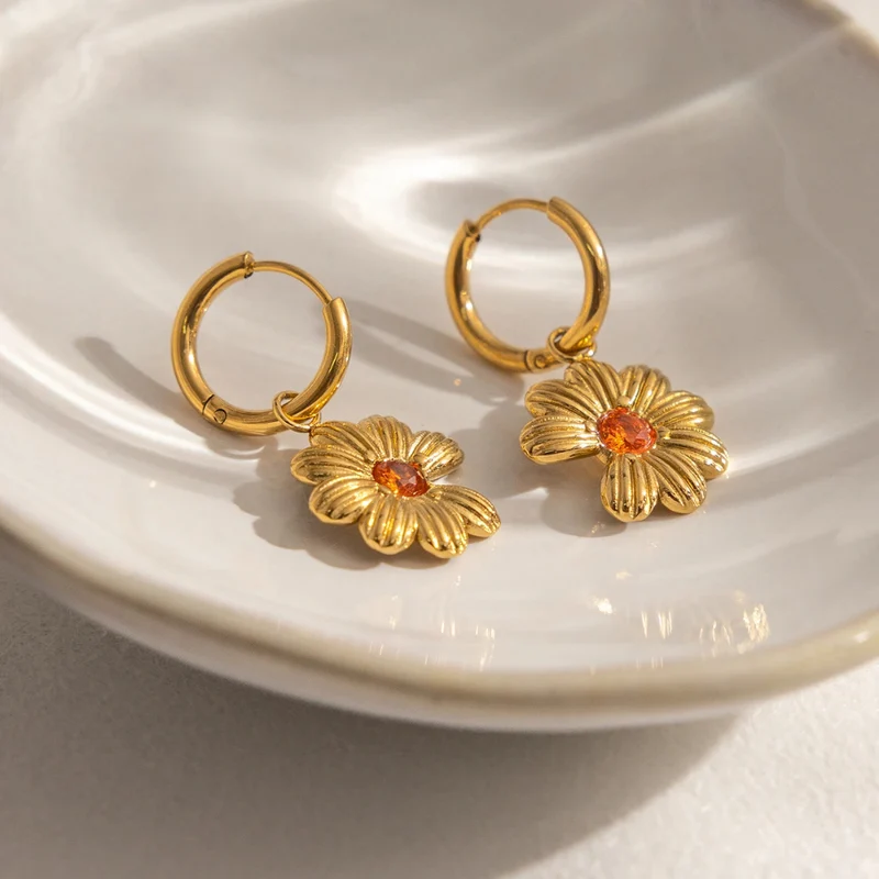 Boucles d'Oreilles Fleur Zircon Orange