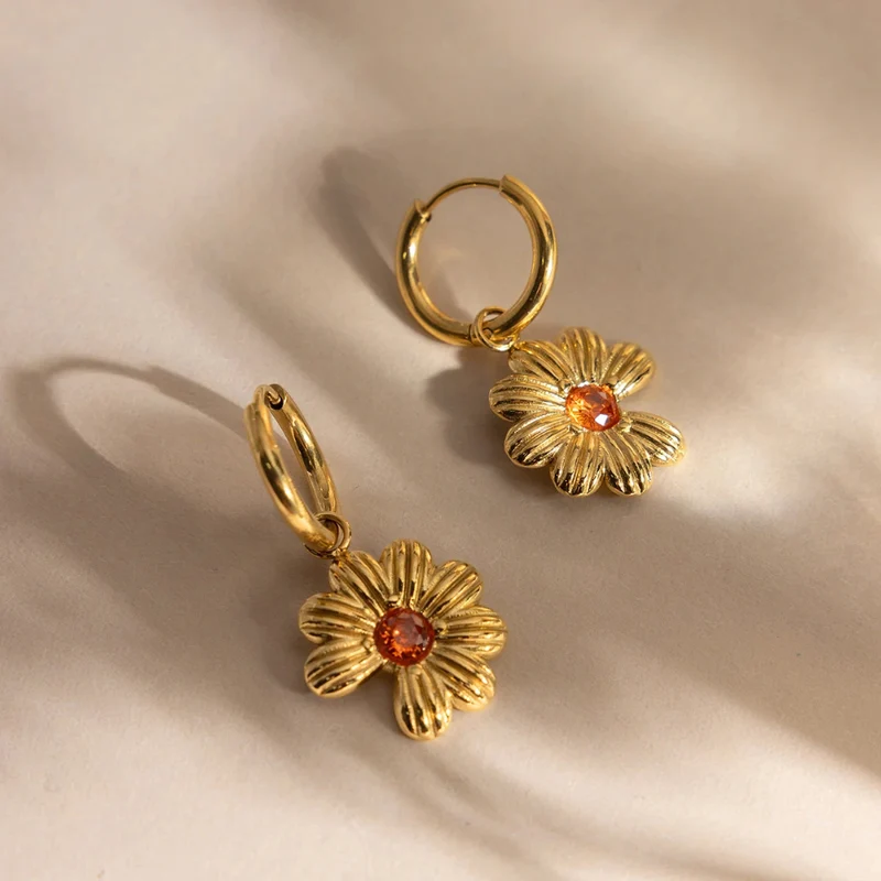 Boucles d'Oreilles Fleur Zircon Orange