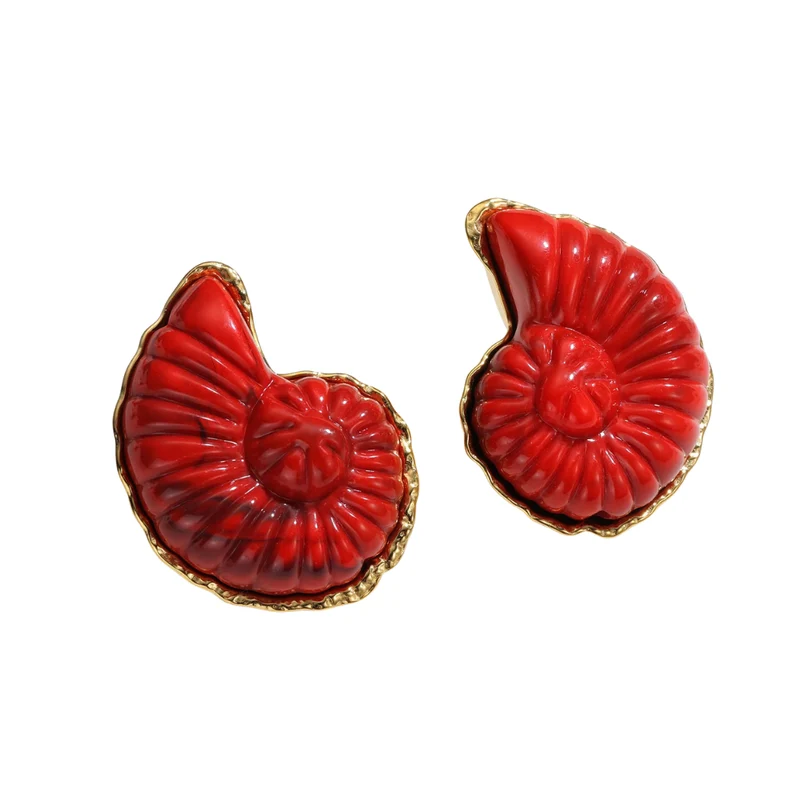 Boucles d'Oreilles Coquillage Ammonite Rouges