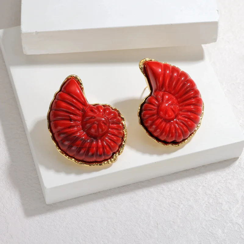Boucles d'Oreilles Coquillage Ammonite Rouges