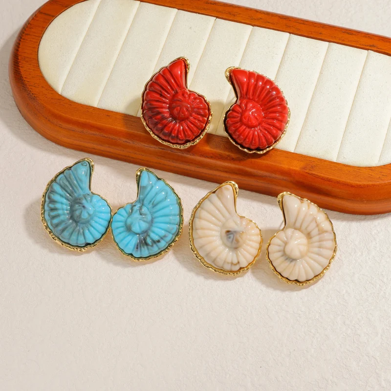 Boucles d'Oreilles Coquillage Ammonite Rouges