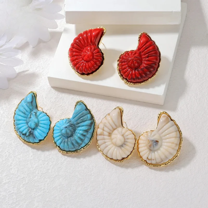 Boucles d'Oreilles Coquillage Ammonite Rouges