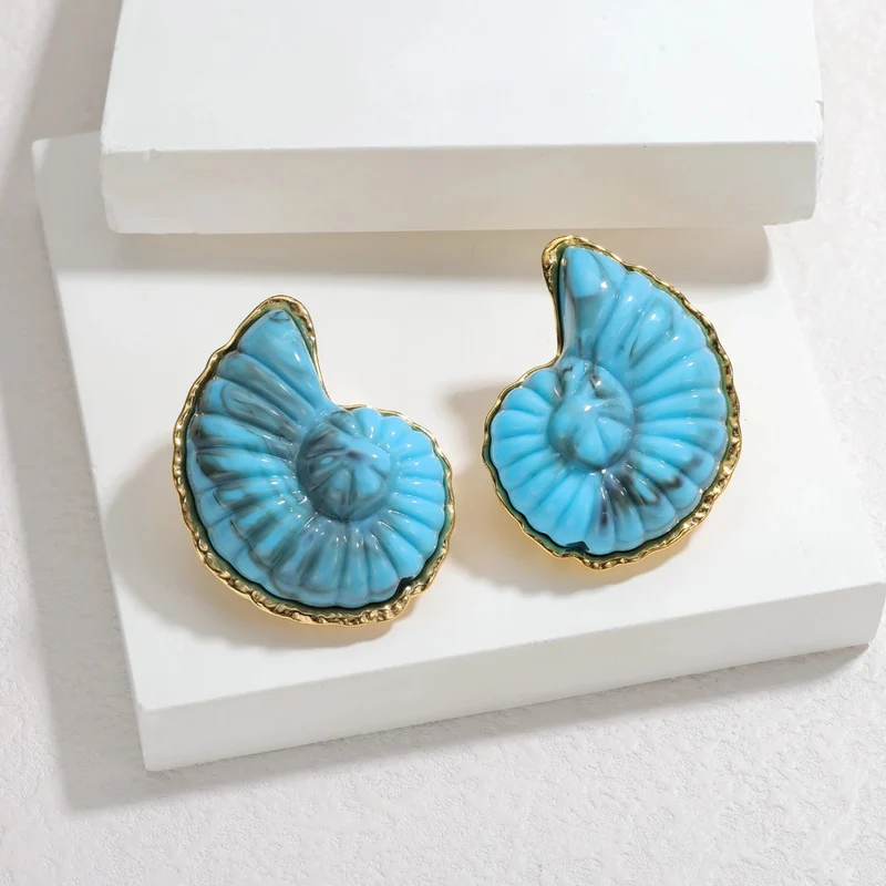 Boucles d'Oreilles Coquillage Ammonite Bleu