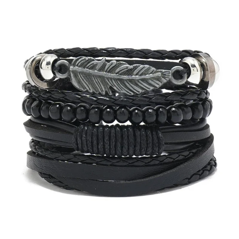 Ensemble Bracelet Plume Cuir