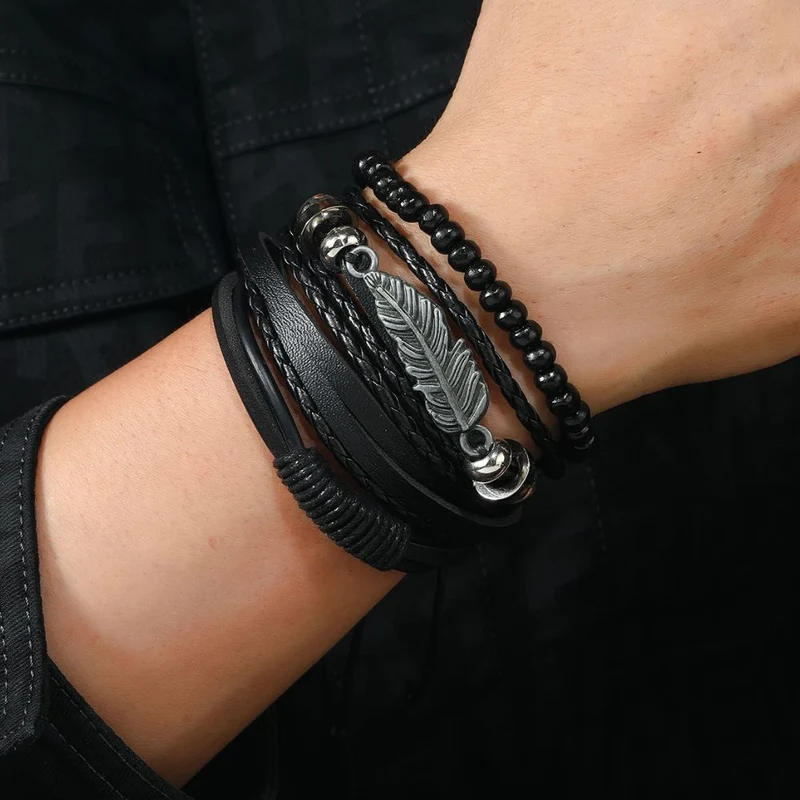 Ensemble Bracelet Plume Cuir