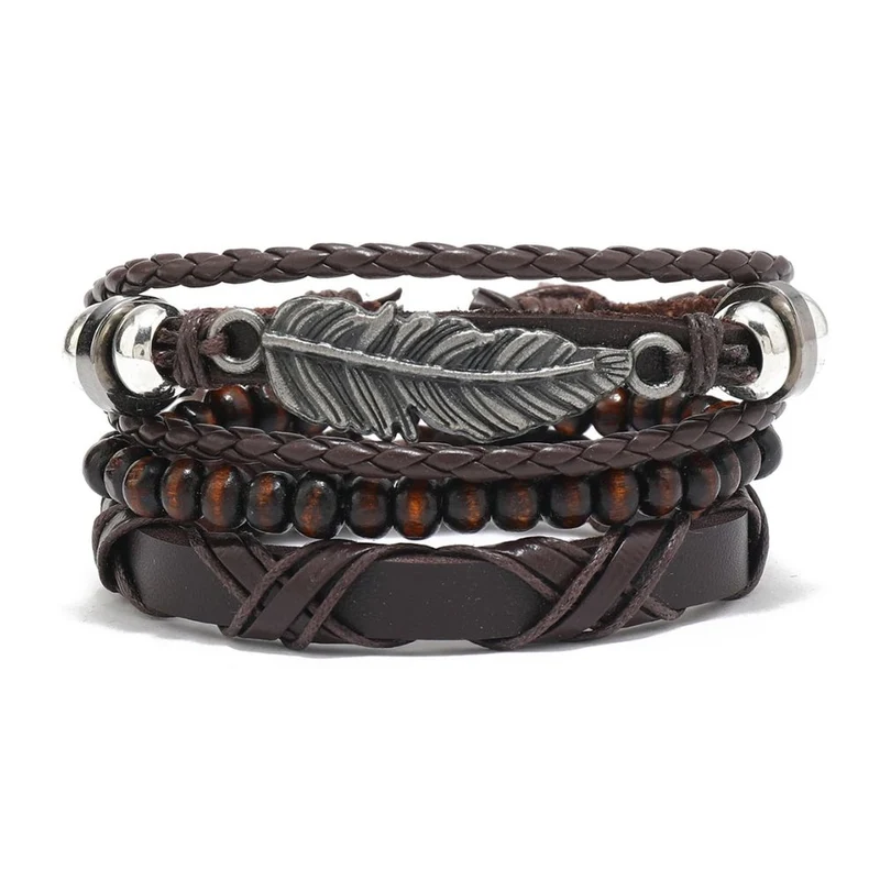 Bracelet Plume Cuir Marron